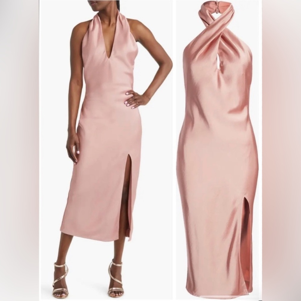 Lulus Beyond Classy Blush Pink Satin Halter Midi Dress size large